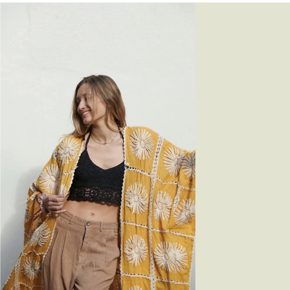 Boho Daisy Crochet-Trim Sweater - Mustard Yellow